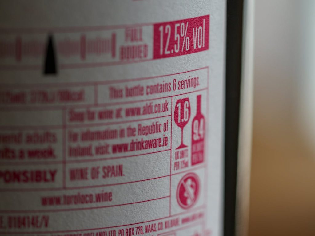 Wine Bottle Label Detailed image of a wine bottle label showing 12.5% alcohol content and serving information.